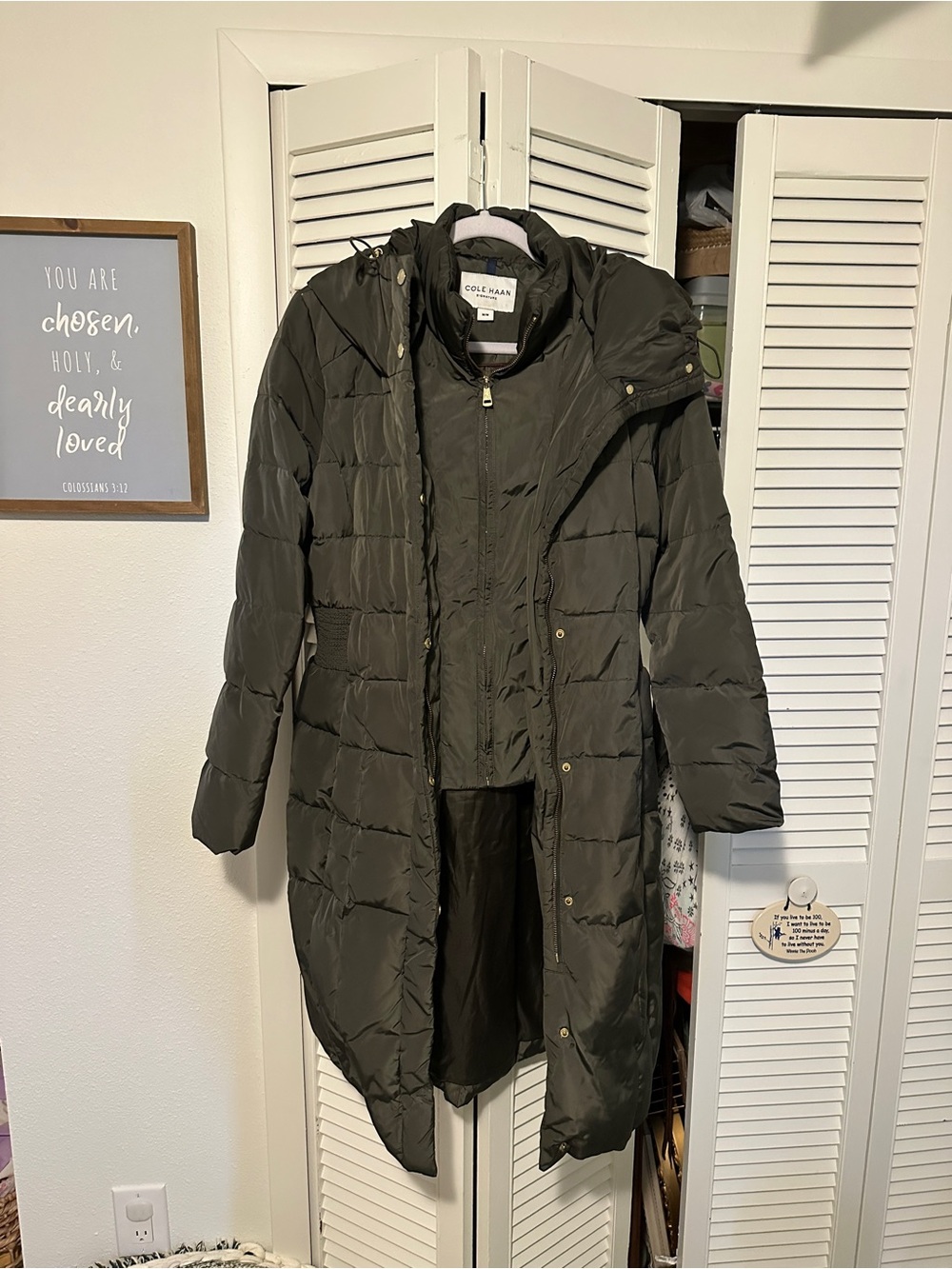 Cole Haan Olive Green Long Quilted Puffer Coat with Hood